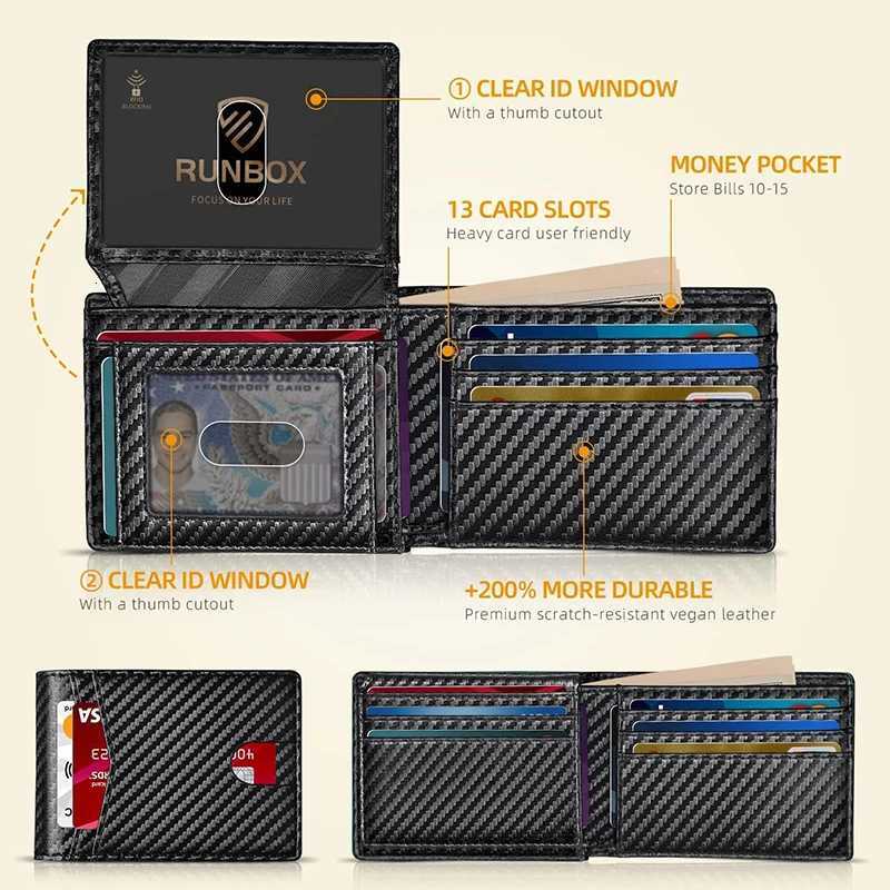 Rfid Mens Wallet Ultra Thin Leather with ID Window Multi Card Carbon Fiber Wallet H260707