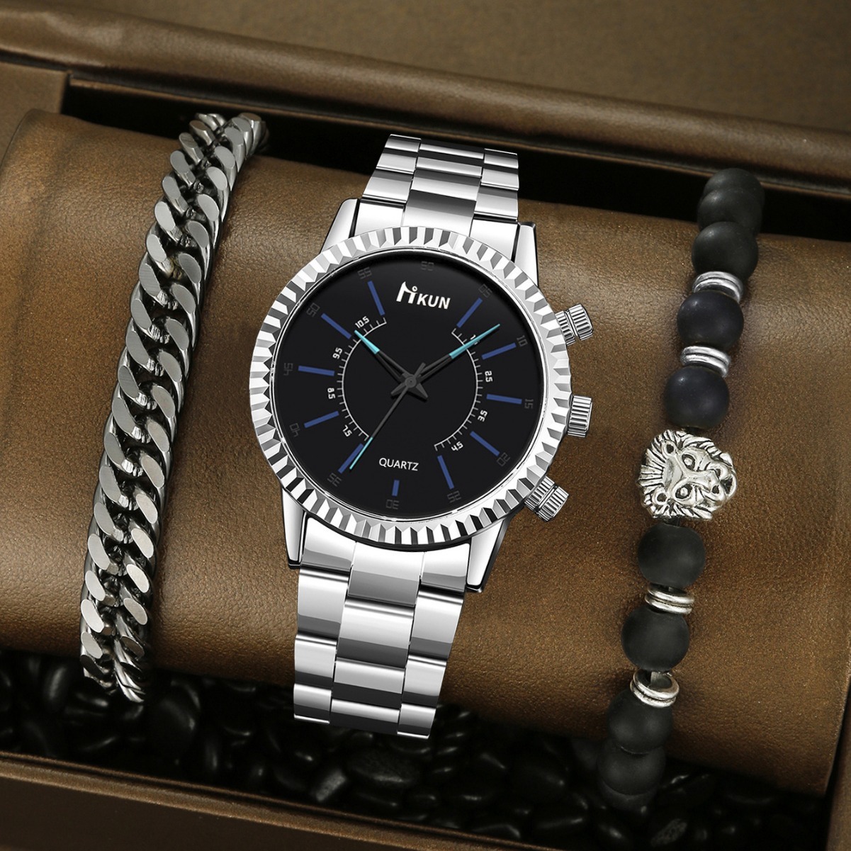 Men Wrist Watch quartz New Business-Style Simple And Personalized Round Gear Steel Band Men's Quartz With Korean-Style Turquoise Bracelet Set Sma