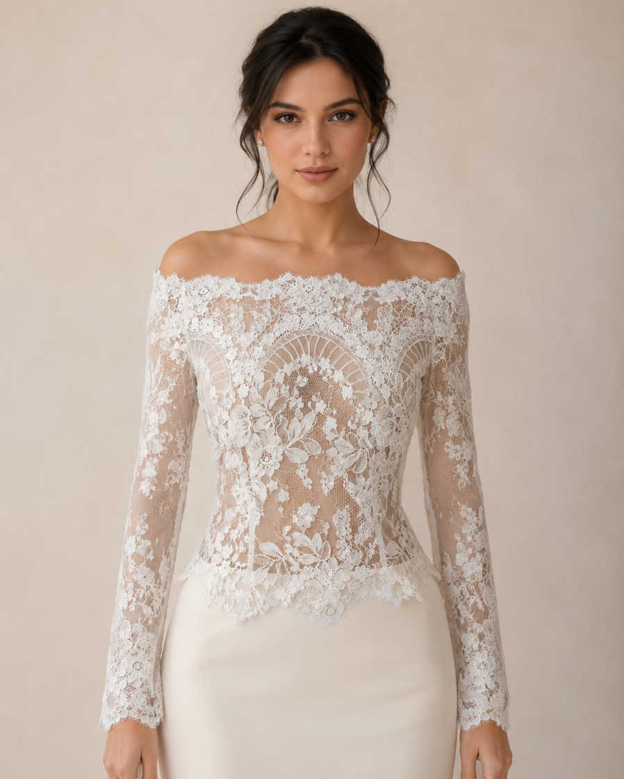 Fashionable Wedding Bolero Wraps Off-Shoulder Long Sleeve Applique Button Bridal Jacket Wedding Dress Accessories Customized - view 3