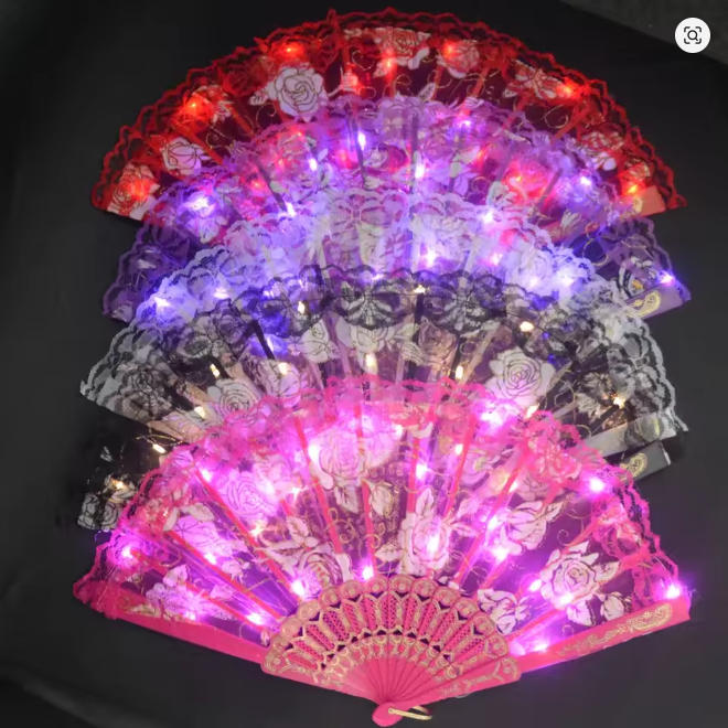 Floral Glow Light Up LED Hand Fans Feather Luminous Props for Wedding Dance Church Party Gift Show Bar Home
