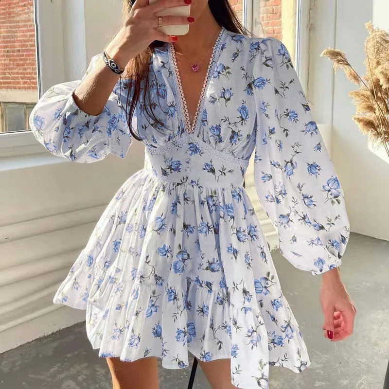 Women Floral Print Mini Dress High Waist ALine Summer Autumn Long Sleeve V Neck Dresses Vintage Beach Vacation Casual Vestidos 260707
