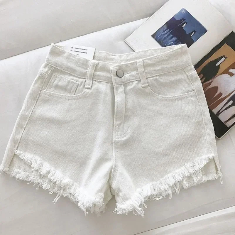2025 Summer Women High Wiast Raw Hem Denim Shorts Soild White Black Blue Korean Wide Leg Pants Mon Jean 260707