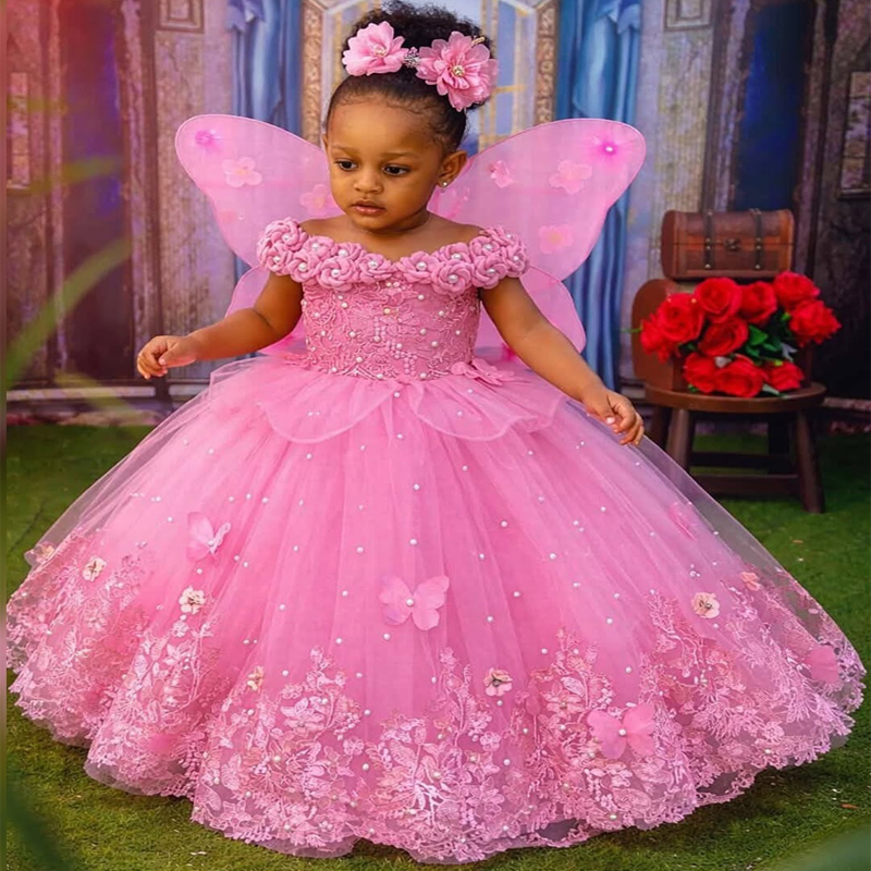 2026 Hot Pink Flower Girl Dresses Ball Gowns Off Shoulder Kids Wear Birthday Dress Appliqued Flora Sequined Lace Flowergirl Gowns For Wedding F357