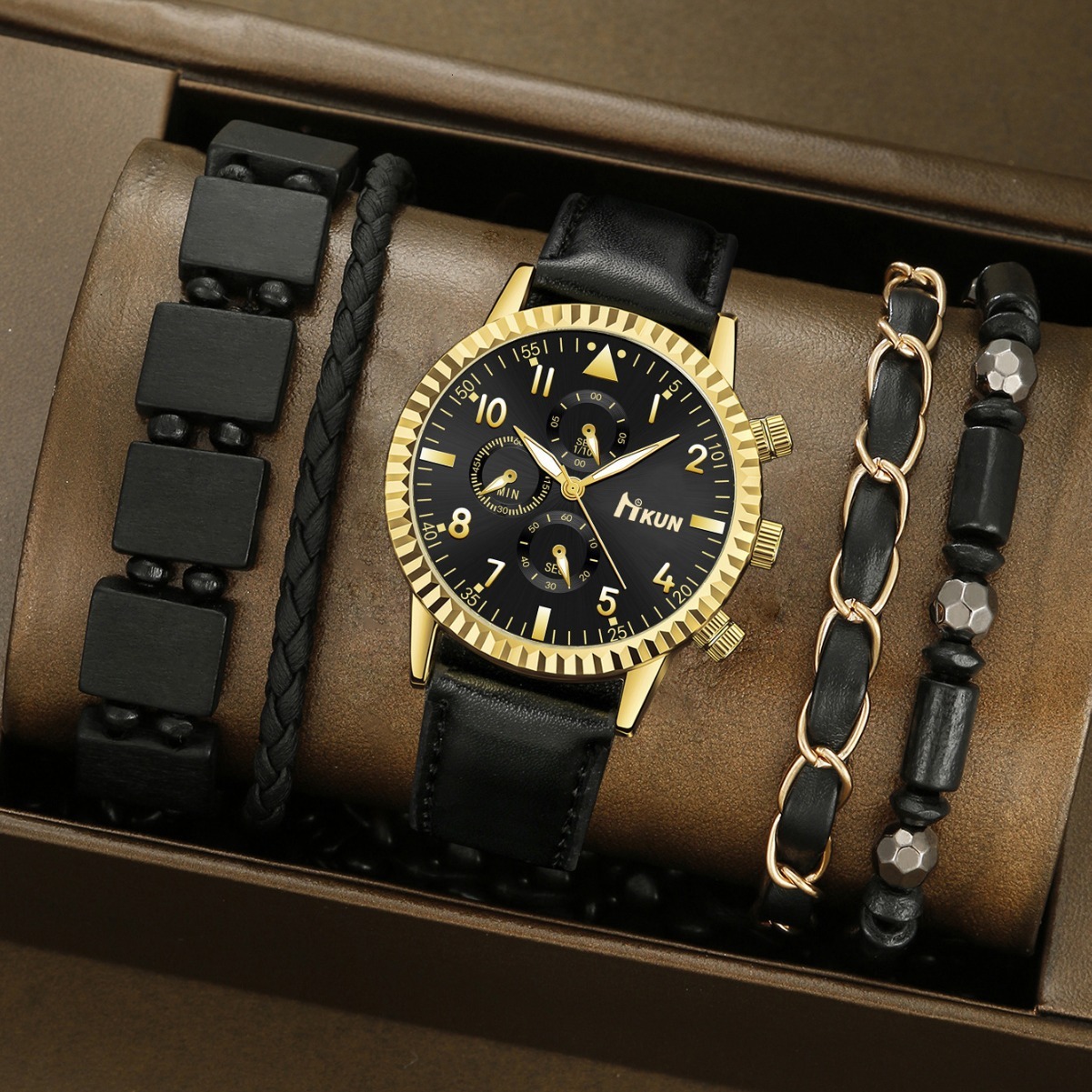 Men Wrist Watch Cross-Border Personalized Fake Three-Eye quartz Business Digital Scale Dial Fashion Men's Wristwatch With Beaded Alloy Bracelet S