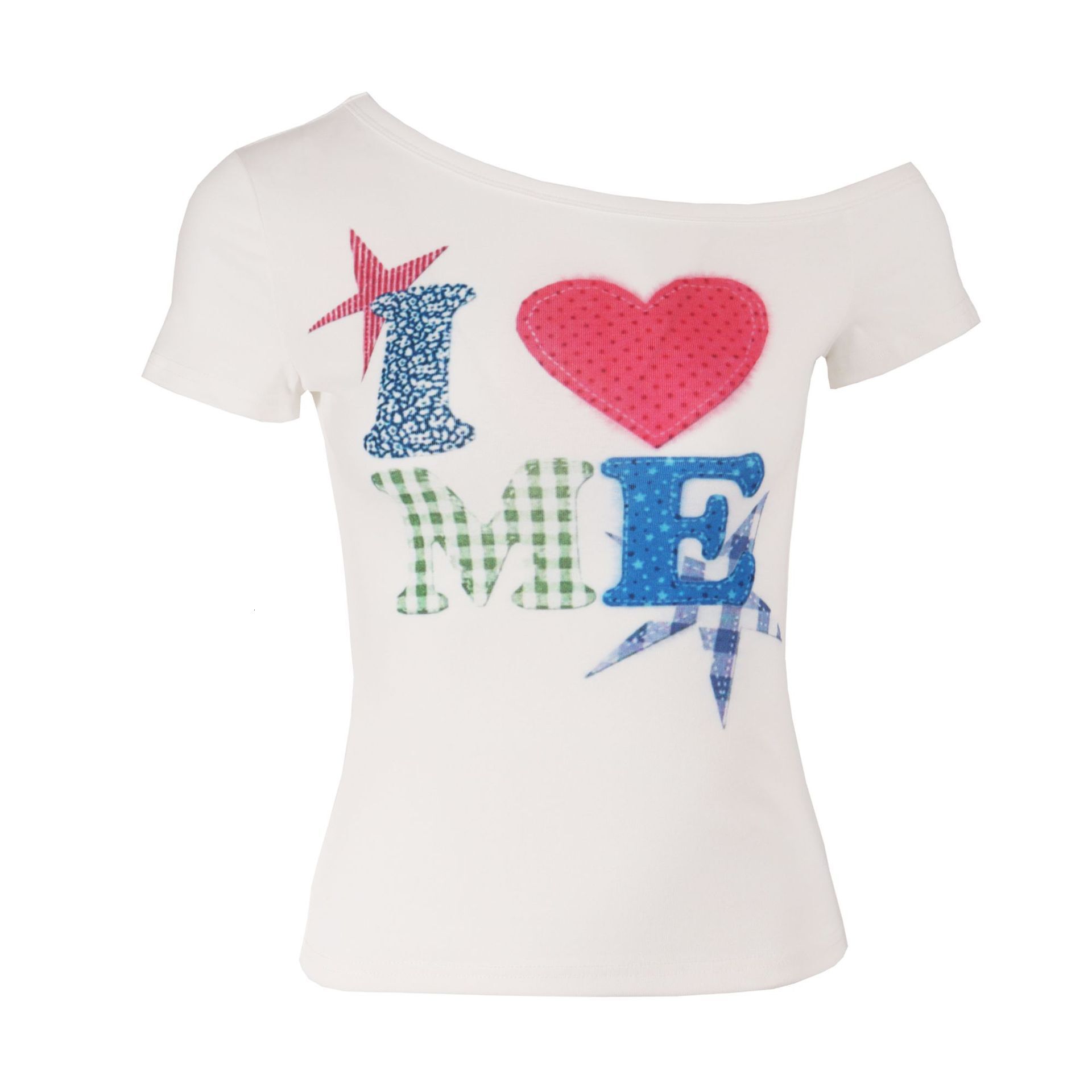 Womens Short Sleeve Tee Womens Spicy Heart Print Light Asian Slim Fit Off Shoulder Casual Top For Women Daily Summer Dating Nightclub Beach Outfits