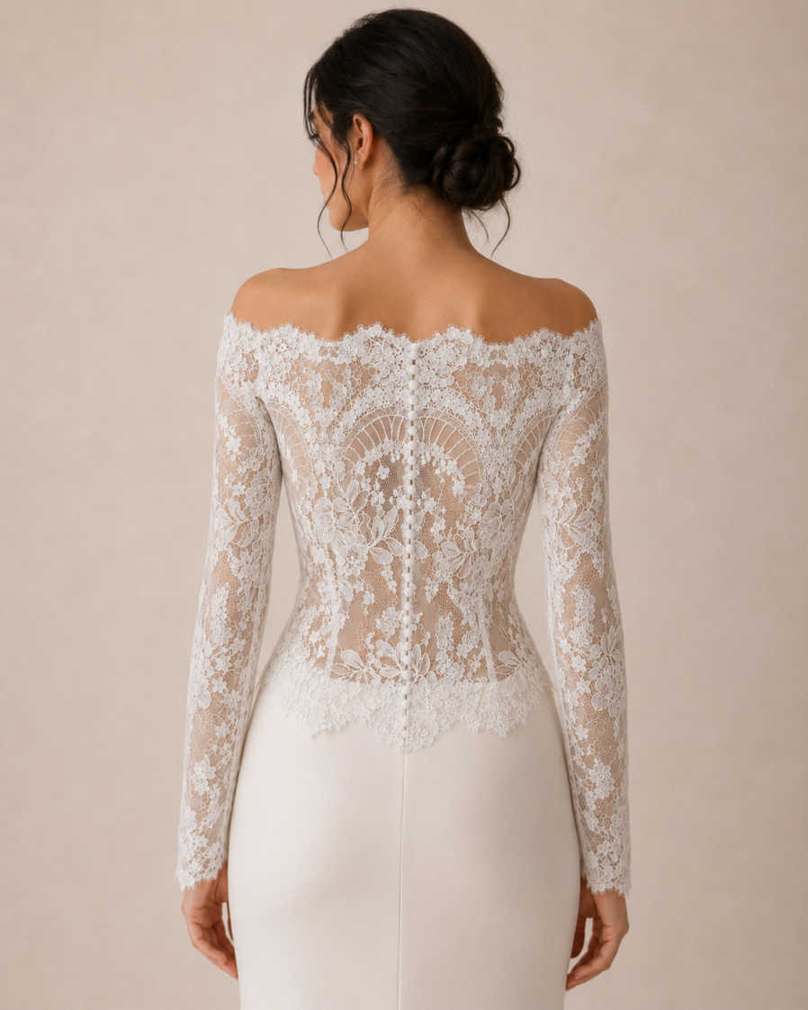 Fashionable Wedding Bolero Wraps Off-Shoulder Long Sleeve Applique Button Bridal Jacket Wedding Dress Accessories Customized - view 4