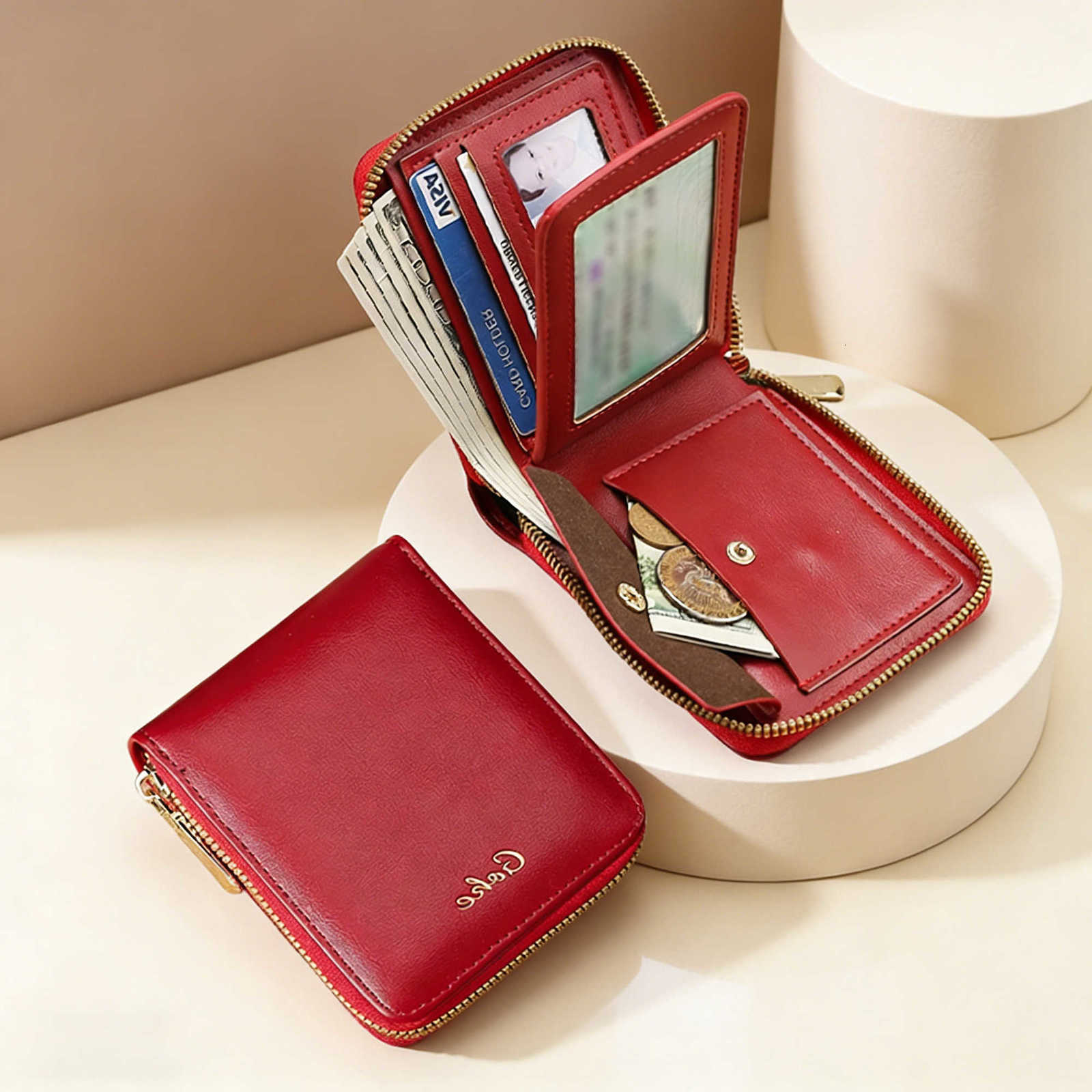 PU Red BUYLEMO Wine Leather Zipper Wallet Womens Large Capacity Multi-Card Slot Card Holder H260707