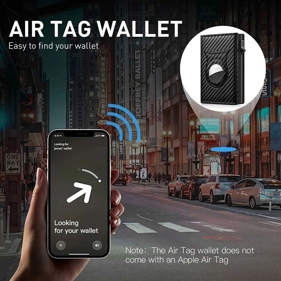 Card Mens Carbon Fiber Magnetic Clip Leather RFID Triple Fold Card with Zipper Wallet Pop Up Smart AirTag Wallet H260707
