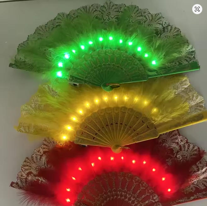 Floral Glow Light Up LED Hand Fans Feather Luminous Props for Wedding Dance Church Party Gift Show Bar Home
