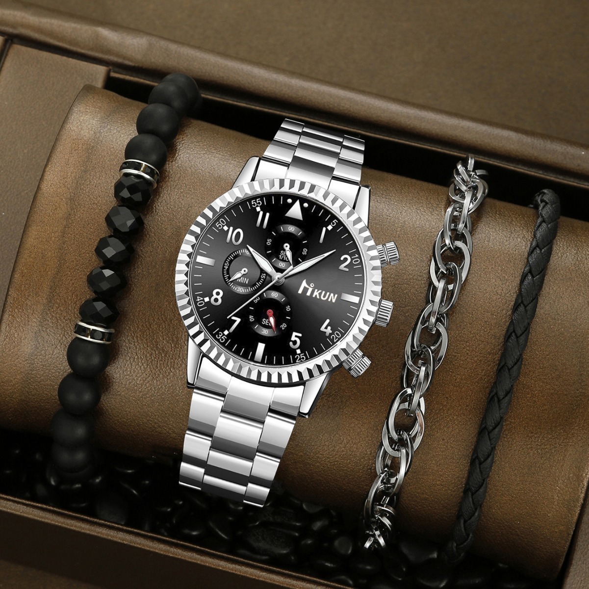 Men Wrist quartz Watch Cross-Border Trendy Alloy Steel Band Fake Three-Eye Business Digital Scale Men's Fashion Bracelet Set Small Dial