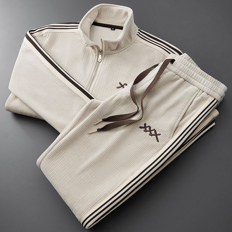 Autumn Winter Warm Suit Men's Zipper Stand Collar Cardigan Jacket Slim Straight Leg Sports Pants Two-Piece Set Long Sleeved Running Suit And Spor