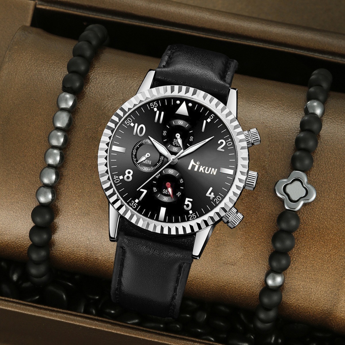 Men Wrist Watch Cross-Border Personalized Fake Three-Eye quartz Business Digital Scale Dial Fashion Men's Wristwatch With Beaded Alloy Bracelet S