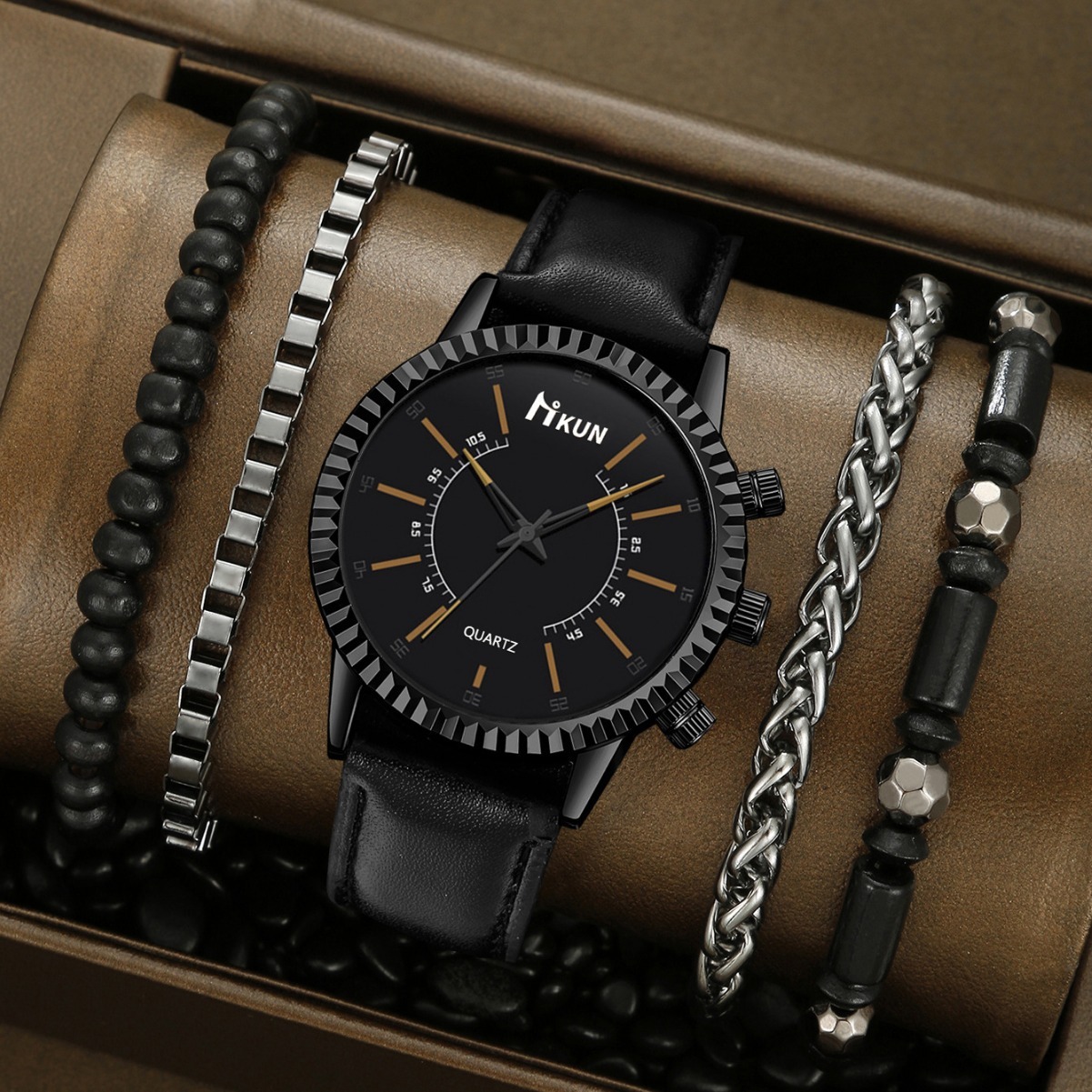Men Wrist Watch Cross-Border New Product: quartz Sporty Casual Korean-Style Student Creative Gear Dial Leather Strap Quartz And Beaded Bracelet Set Sm