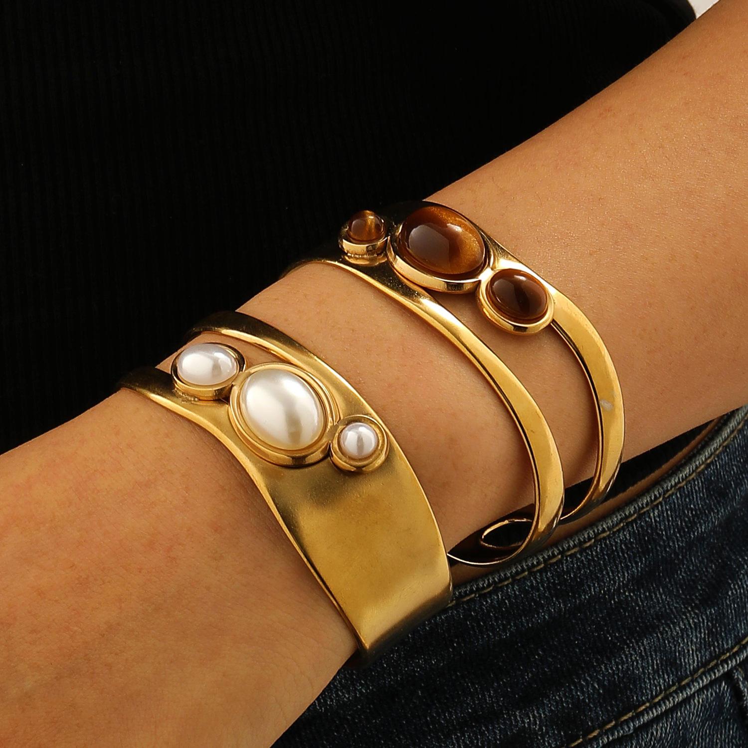 Trendy Cross-Border Accessory Durable Stainless Steel Bangle Featuring Unique Pearls and Tiger's Eye Gemstones