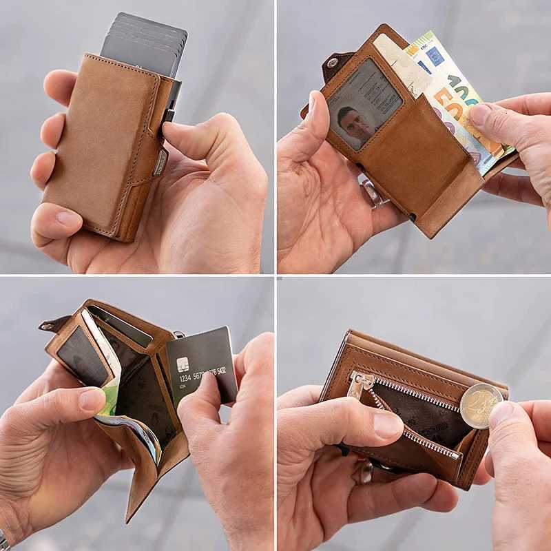Case with Pop-Up RFID Protection Genuine Leather Wallet with Compartment for Notes and Coins for Men and Women H260707