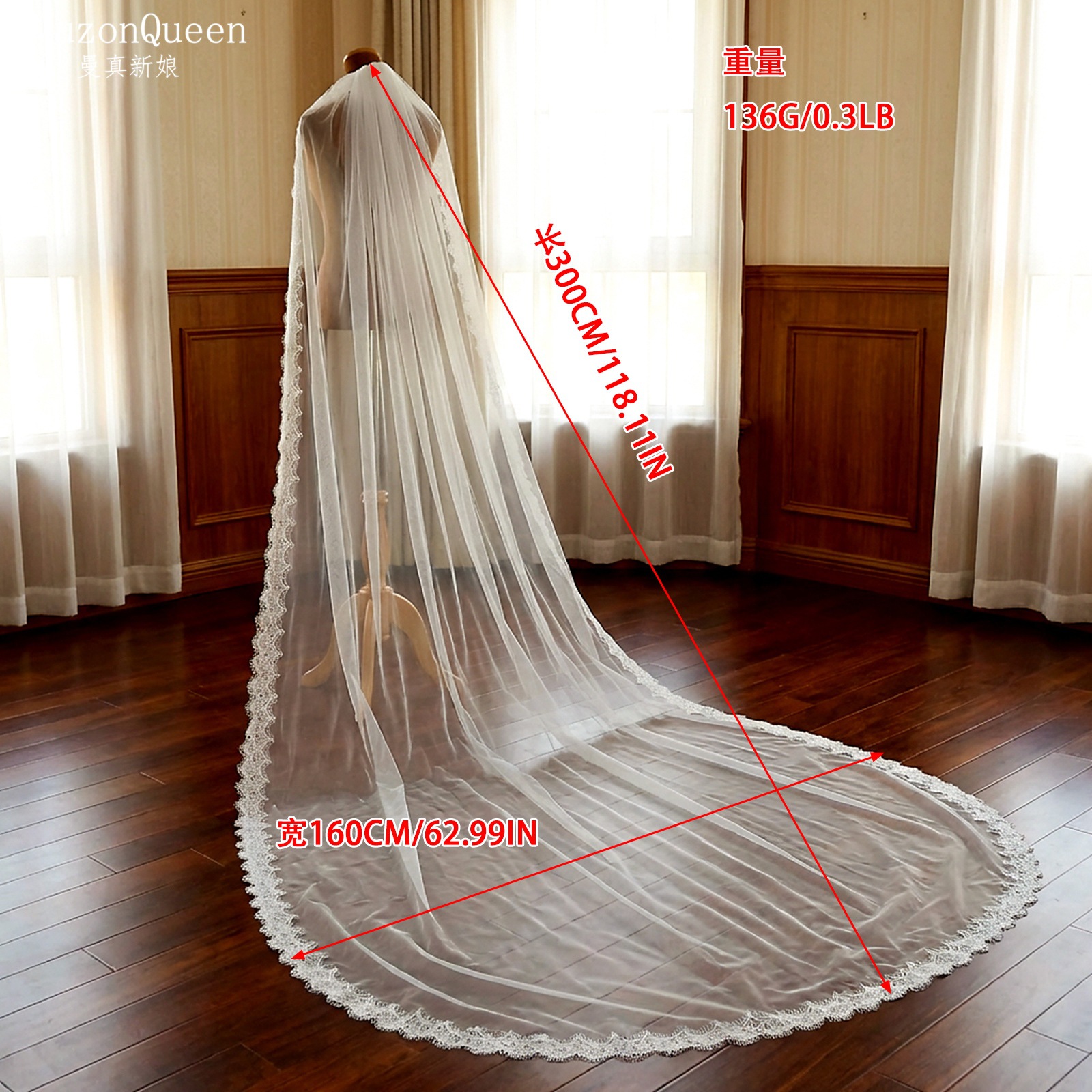 Cathedral Lace Edge Tulle Bridal Veil Single Tier Long Wedding Veil With Metal Hair Comb Vintage Floral Lace Veil For Wedding Ceremony Photoshoot