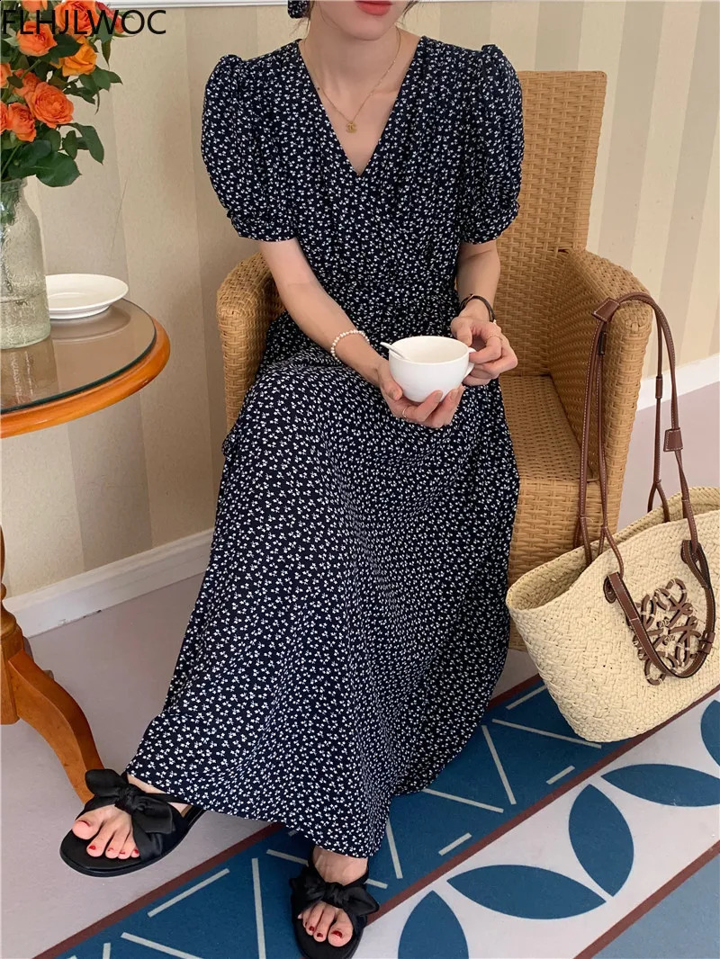 Chic Korean Clothes n Summer Womens Short Sleeve V Neck Elegant Lady Floral Printed LaceUp Cute Retro Vintage Long Dress 260707