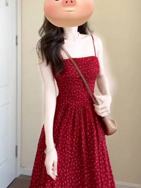 Retro Red Floral Print Halter Dress Summer 2025 Style Beach Vacation Waist Cinched Long Polyester Fabric 260707