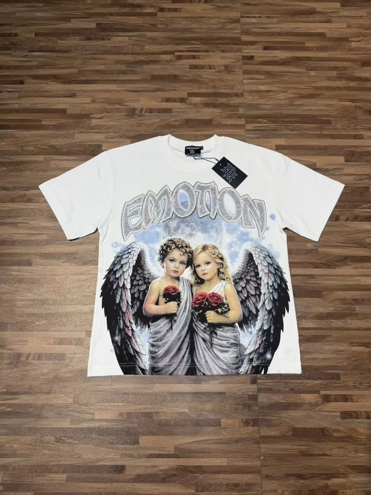 MIXED-EMOTION Angel print Rhinestone printed pattern T shirts Men Women T-shirt Loose cotton casual Shinning Diamond Tees Oversized Tops 260707BJ - view 5