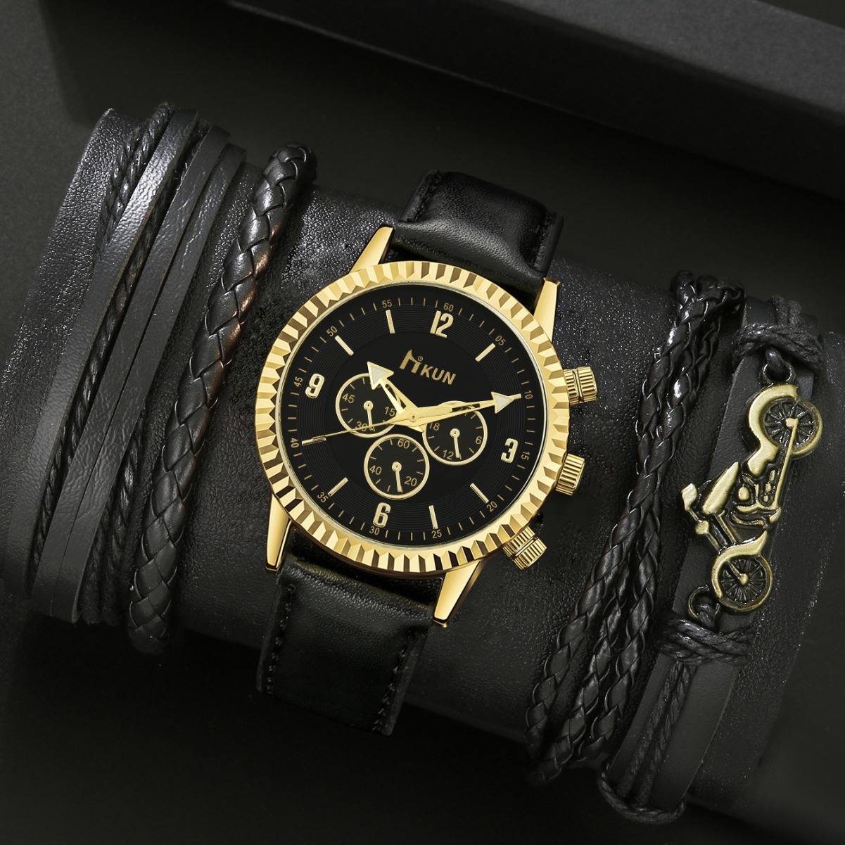 Men Wrist Watch Cross-Border New Product Creative Harajuku Sports Faux Three-Eye Digital Pointer Gear Dial quartz Leather Strap Beaded Bracelet Set Sm