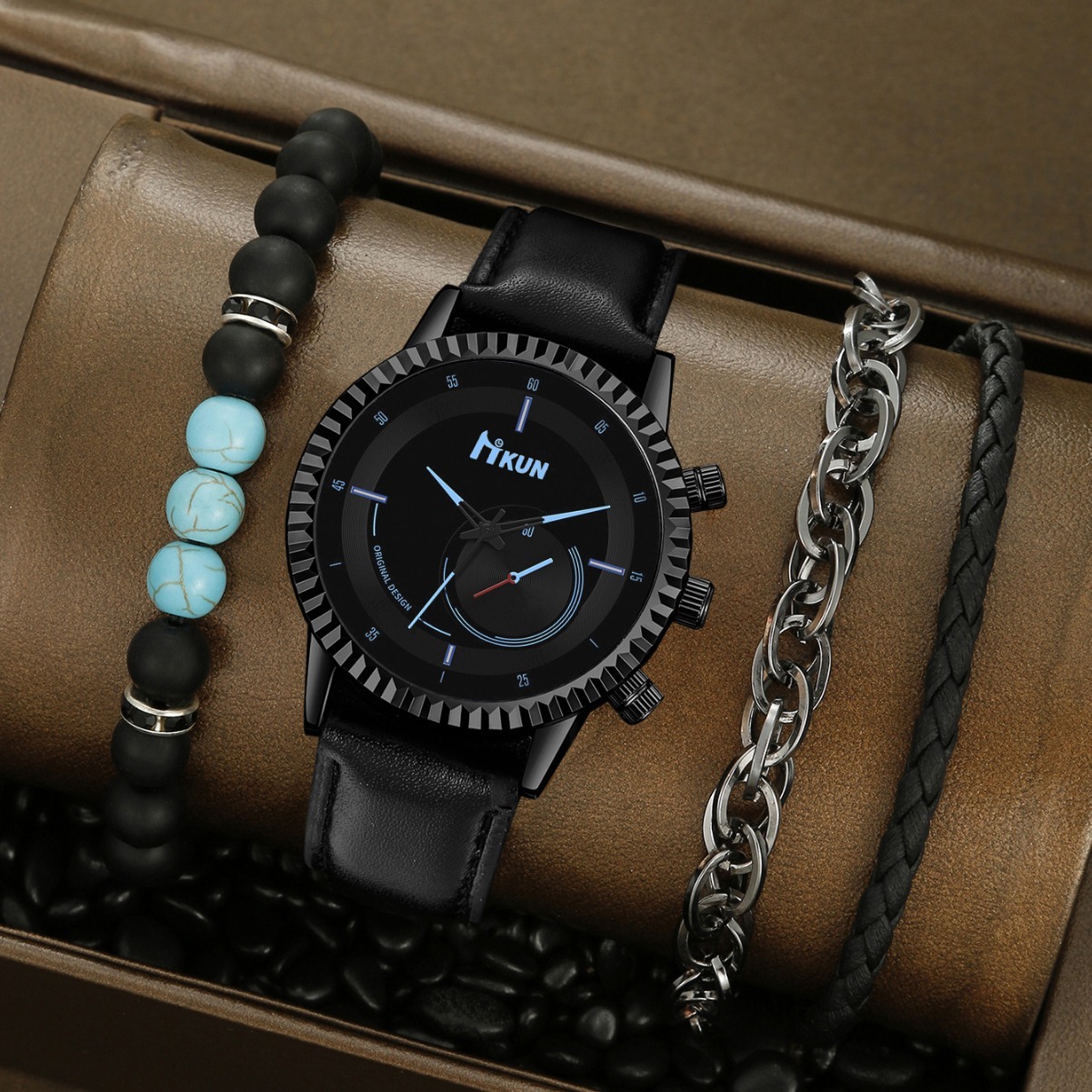 Men Wrist quartz Watch 2026 Creative Personalized Gear Dial Leather Strap Men's Quartz Wristwatch Korean Version Student Sports Beaded Bracelet S