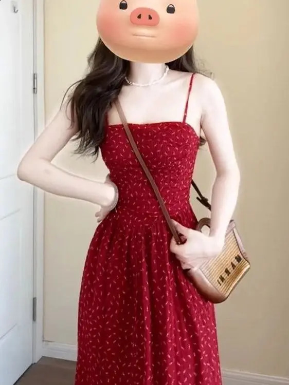 Retro Red Floral Print Halter Dress Summer 2025 Style Beach Vacation Waist Cinched Long Polyester Fabric 260707