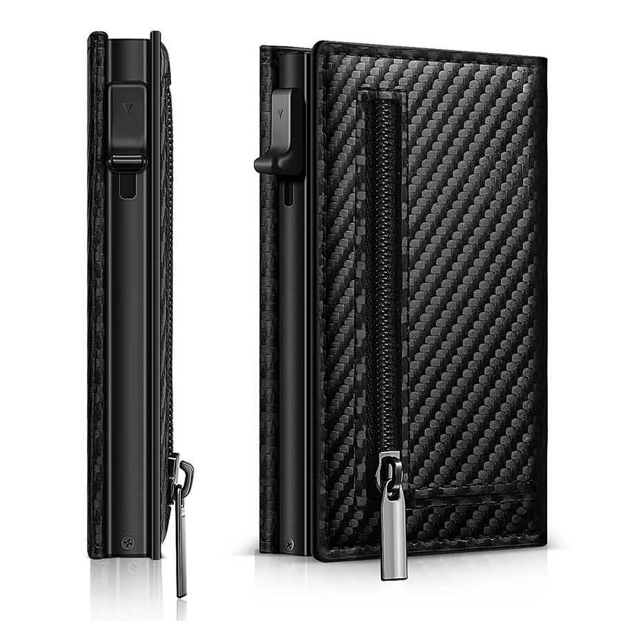 Card Mens Carbon Fiber Magnetic Clip Leather RFID Triple Fold Card with Zipper Wallet Pop Up Smart AirTag Wallet H260707