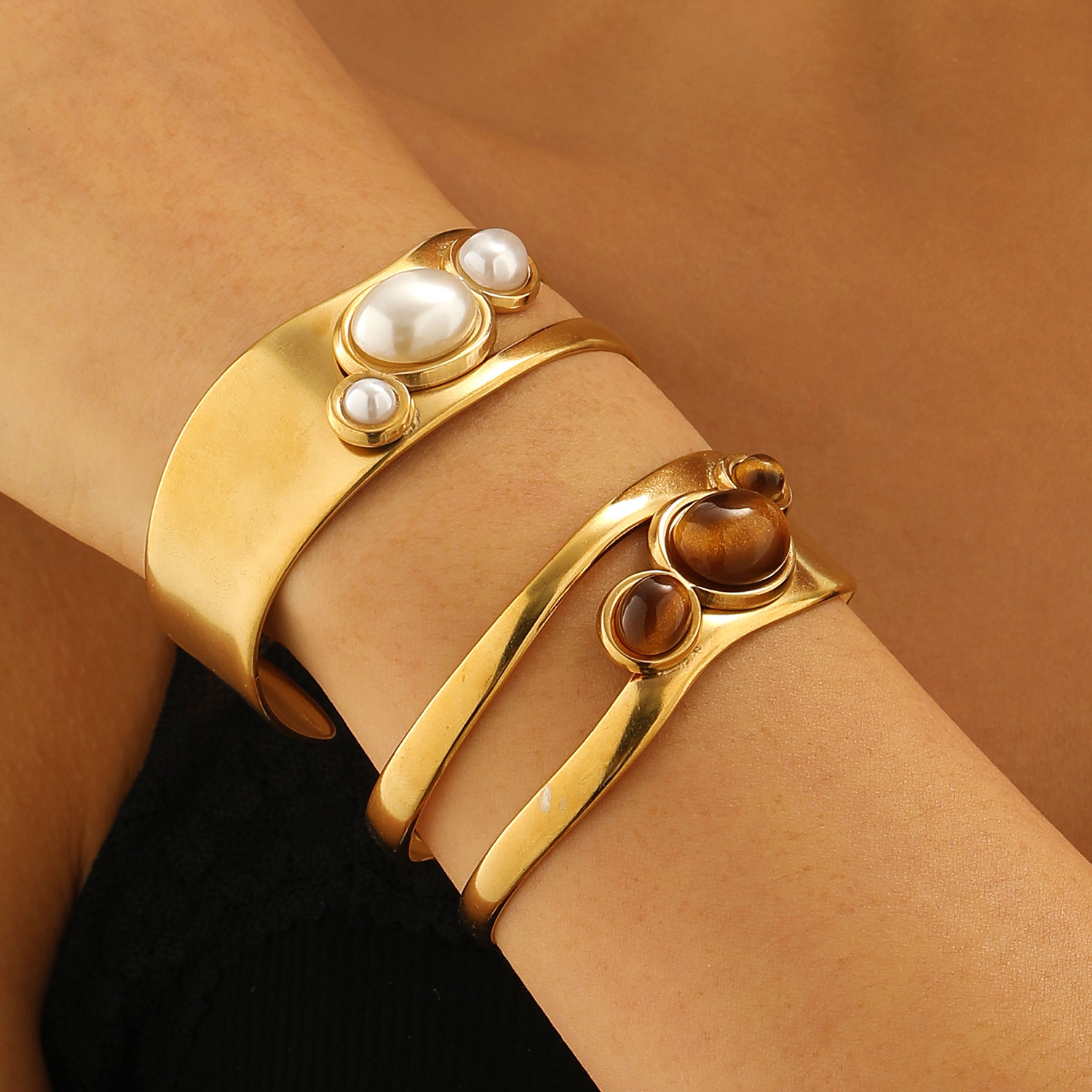 Trendy Cross-Border Accessory Durable Stainless Steel Bangle Featuring Unique Pearls and Tiger's Eye Gemstones