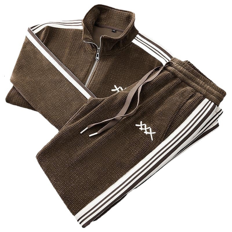 Autumn Winter Warm Suit Men's Zipper Stand Collar Cardigan Jacket Slim Straight Leg Sports Pants Two-Piece Set Long Sleeved Running Suit And Spor
