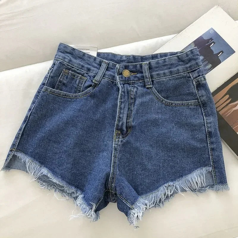 2025 Summer Women High Wiast Raw Hem Denim Shorts Soild White Black Blue Korean Wide Leg Pants Mon Jean 260707