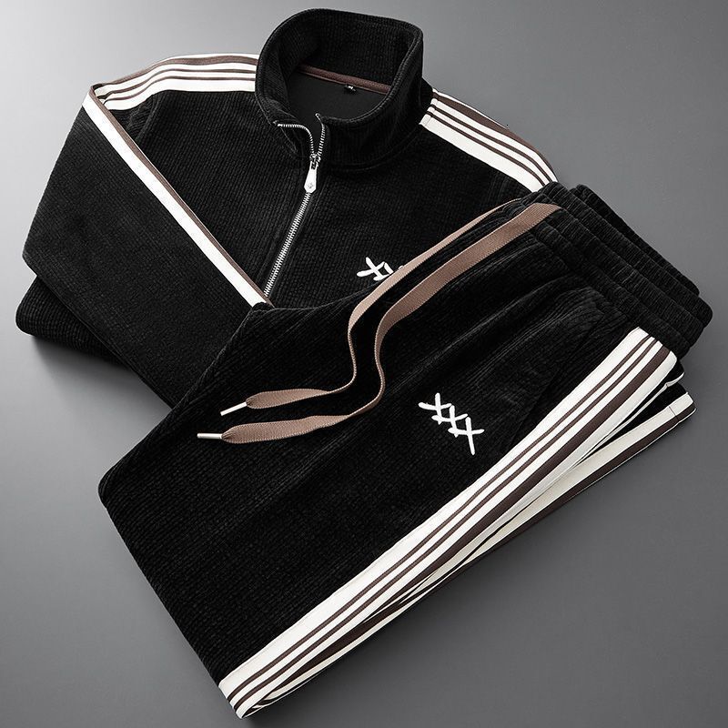 Autumn Winter Warm Suit Men's Zipper Stand Collar Cardigan Jacket Slim Straight Leg Sports Pants Two-Piece Set Long Sleeved Running Suit And Spor
