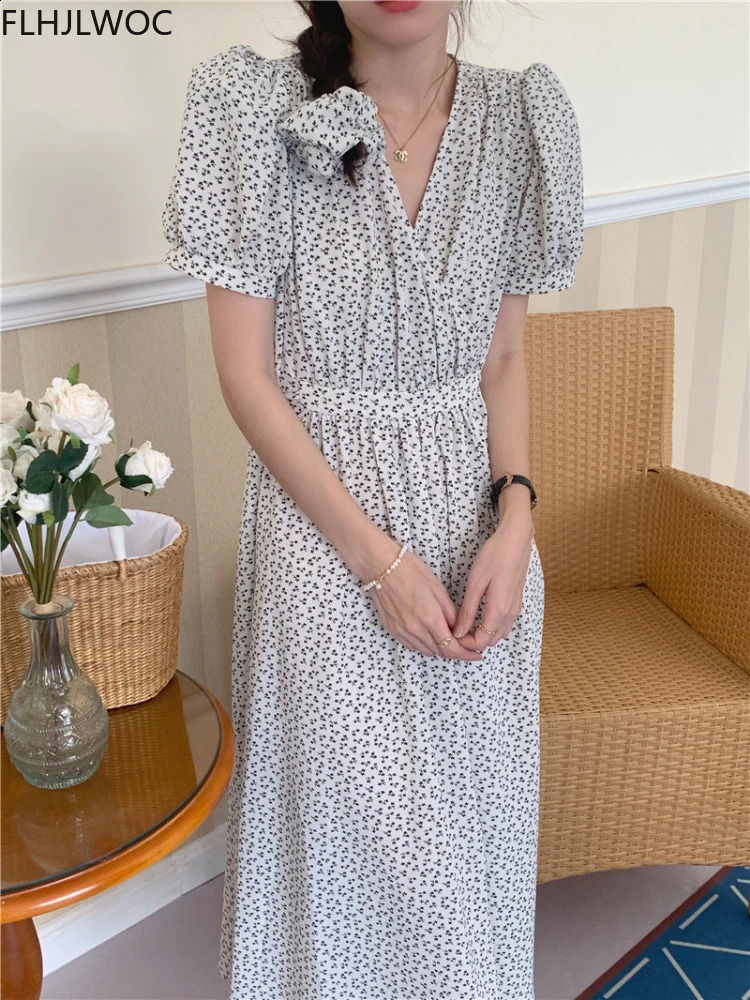 Chic Korean Clothes n Summer Womens Short Sleeve V Neck Elegant Lady Floral Printed LaceUp Cute Retro Vintage Long Dress 260707