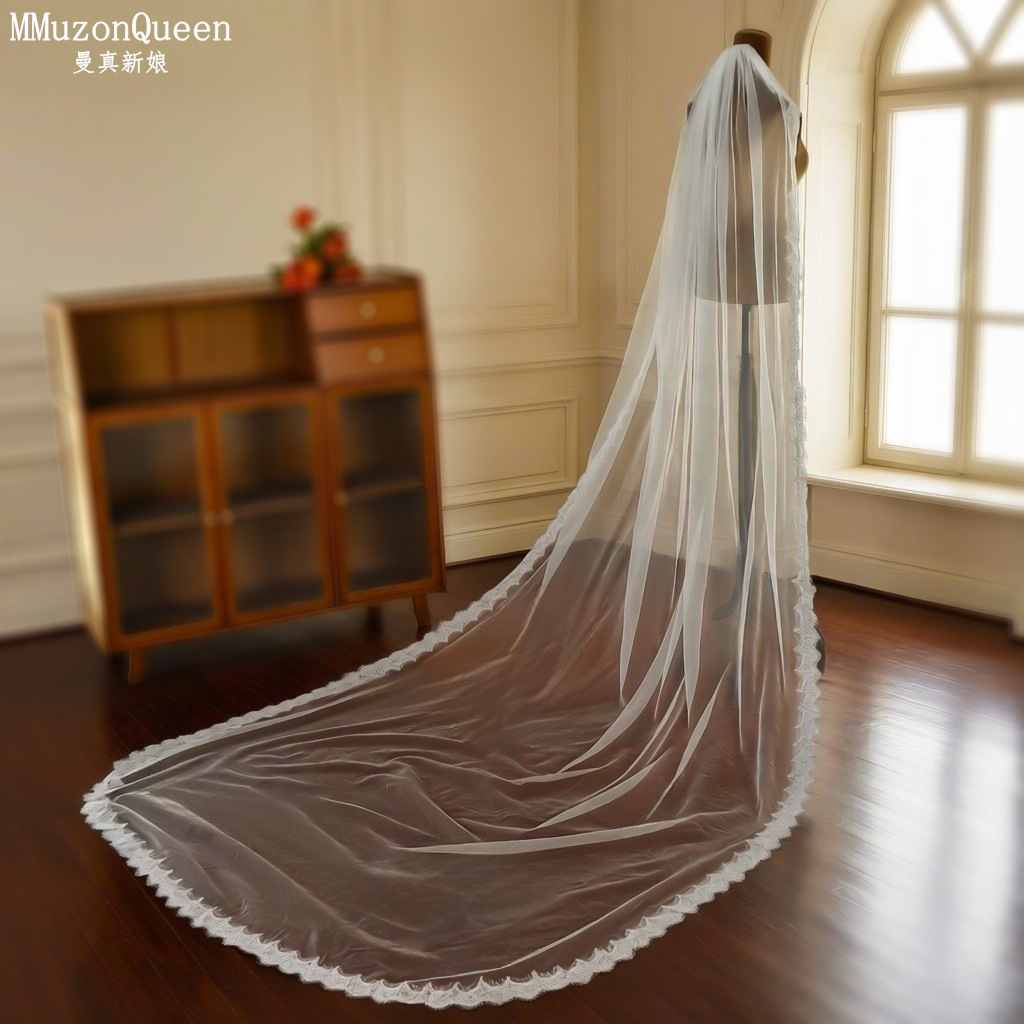 Cathedral Lace Edge Tulle Bridal Veil Single Tier Long Wedding Veil With Metal Hair Comb Vintage Floral Lace Veil For Wedding Ceremony Photoshoot
