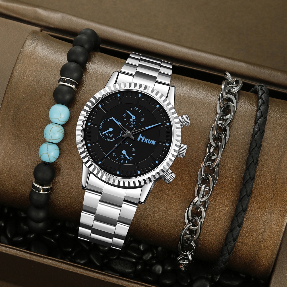 Men Wrist Watch Trendy Sports Men's quartz Quartz Business Alloy Leather Strap Watch, Simple Design, Holiday Three-Eye Beaded Bracelet Set Small 
