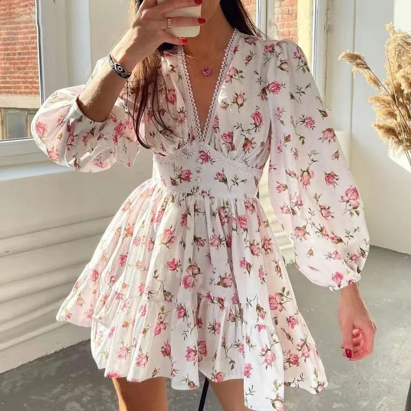 Women Floral Print Mini Dress High Waist ALine Summer Autumn Long Sleeve V Neck Dresses Vintage Beach Vacation Casual Vestidos 260707