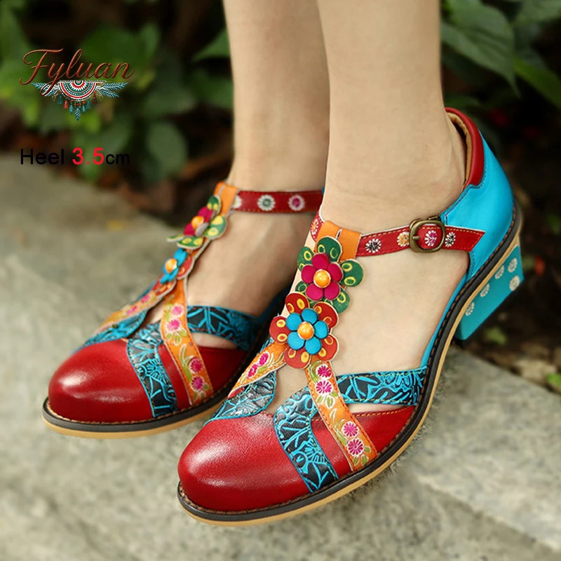 Summer Retro Womens Sandals y Low Heels 35cm Ankle Buckle Straps Ladies Pumps Threedimensional Flower Bohemian Shoes 260707