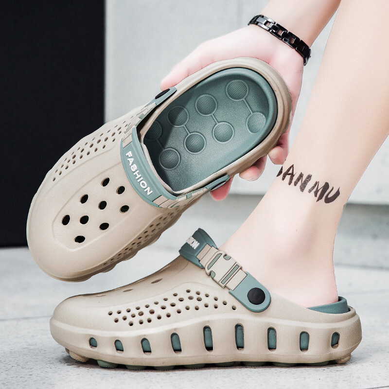 Light Khaki Hollow Closed Toe Clogs Men Soft EVA Non Slip Breathable Quick Dry Shower Beach Outdoor Casual Slippers - view 3