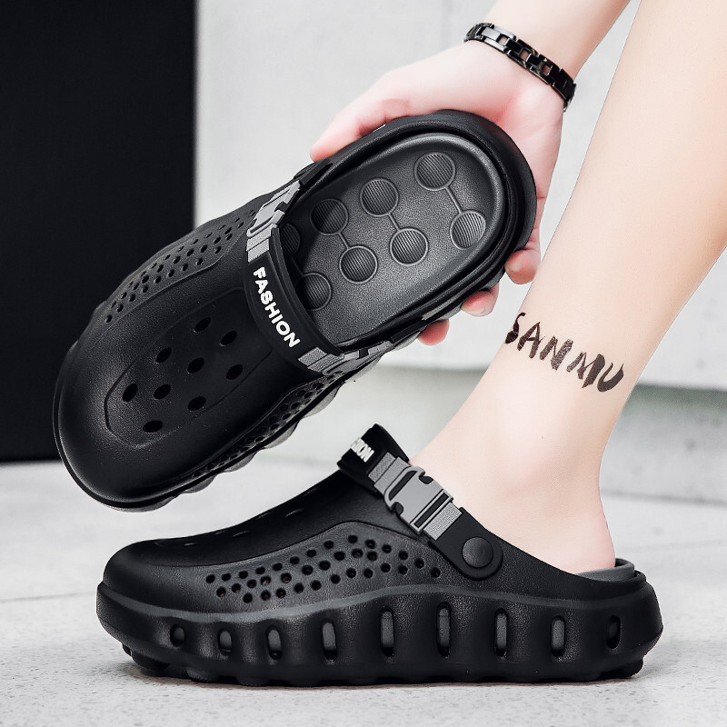 Light Khaki Hollow Closed Toe Clogs Men Soft EVA Non Slip Breathable Quick Dry Shower Beach Outdoor Casual Slippers - view 7