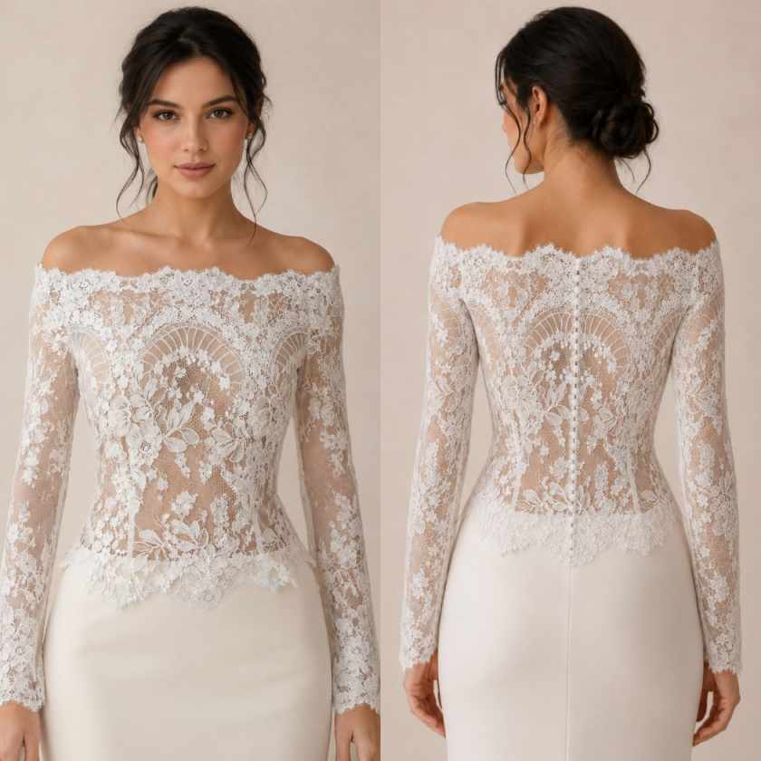 Fashionable Wedding Bolero Wraps Off-Shoulder Long Sleeve Applique Button Bridal Jacket Wedding Dress Accessories Customized