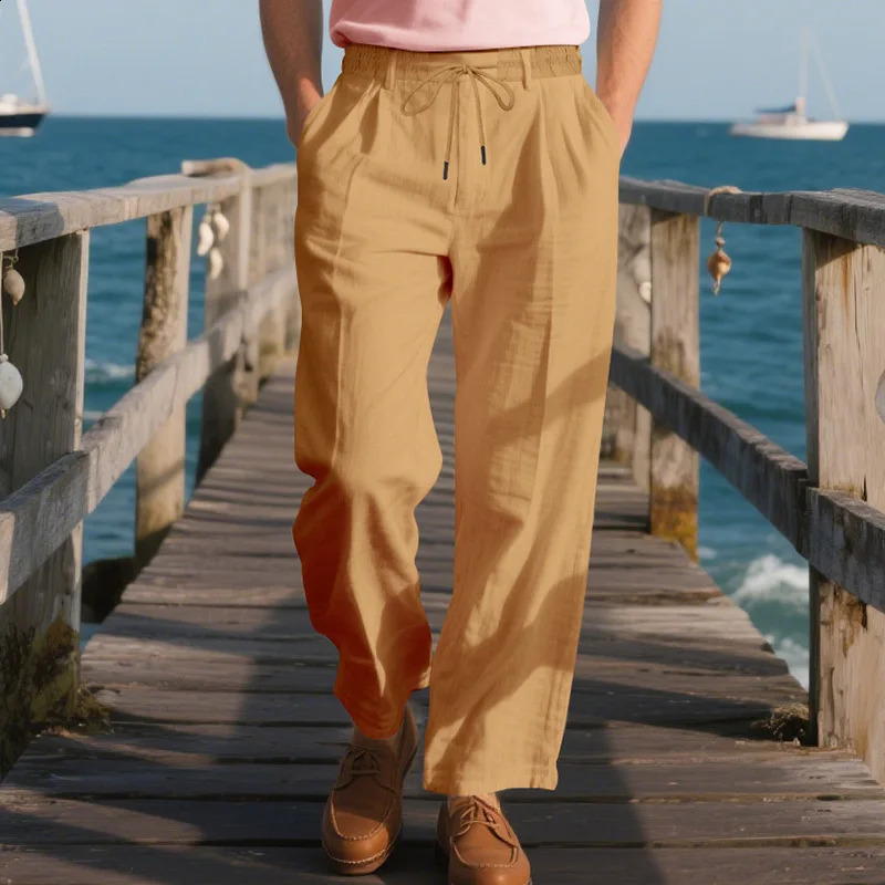 Summer Mens Breathable Solid Color Cotton and Linen Drawstring Casual Trousers Italian Style 260707
