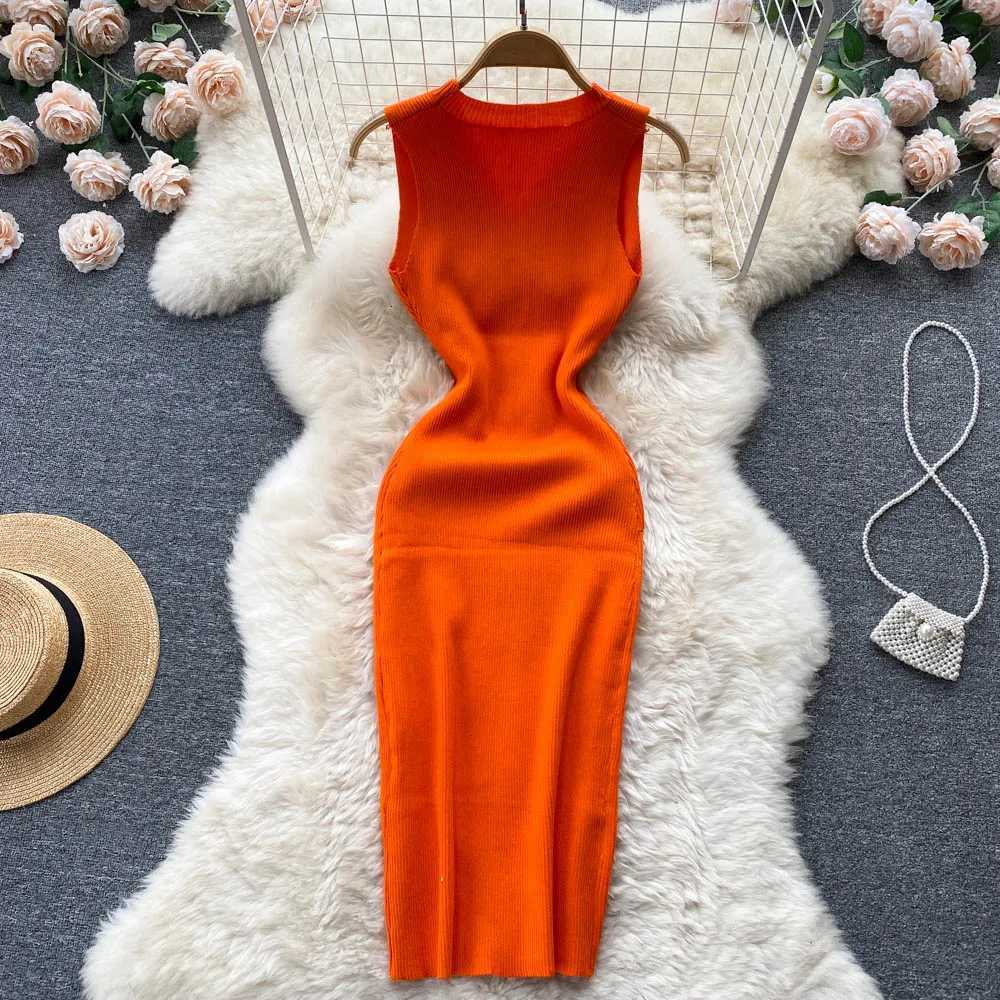 Elegant YuooMuoo Summer Women Buttons Dress Slim Waist Knitted Bodycon Dress Lady Sleeveless Package Hips Party Vestidos H260707