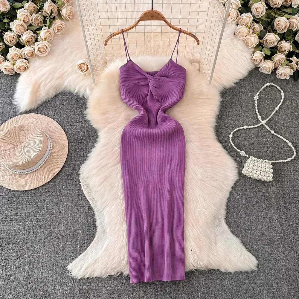 Chic Fashion 2026 Summer Spaghetti YuooMuoo Straps Midi Dress Women V-neck Slim Knitted Bodycon Dress Streetwear Lady Outfits H260707