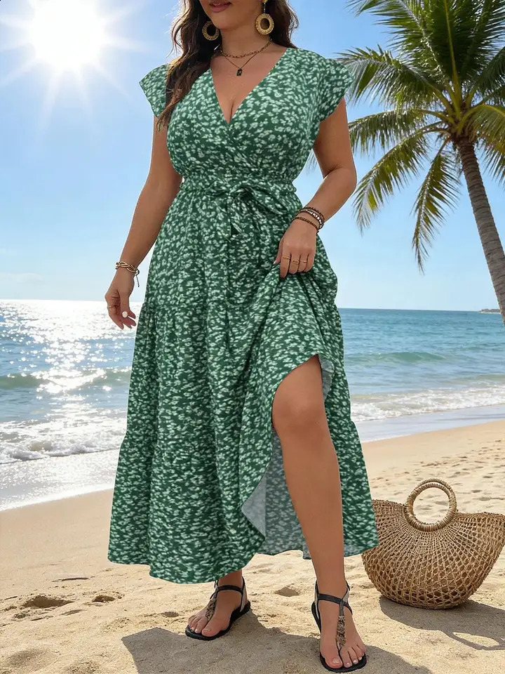 Plus Size Floral Print V Neck Dress Casual Fashion for Daily Outdoor Wear Women Clothing All Seasons 260707