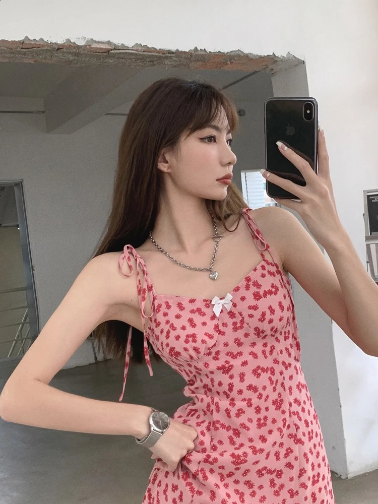 2026 Spring Summer French Style Romantic Chiffon Sling Women Dresses Floral Print Waist Cinched Slim MidCalf Vacation Dress 260707
