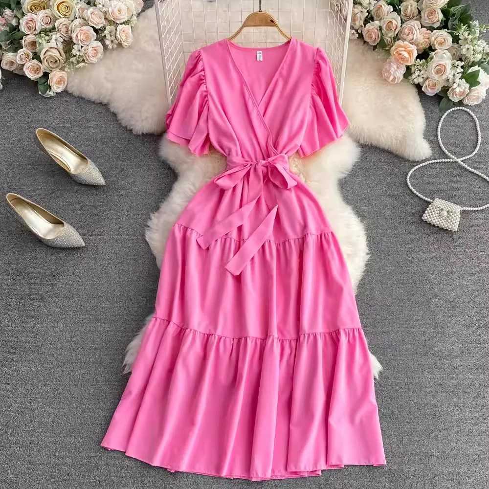 Aesthetic Fashion YuooMuoo Summer Women Chic Dress Elegant Vintage Slim Waist Sash Bandage Long Party Dress Streetwear Lady Robe H260707