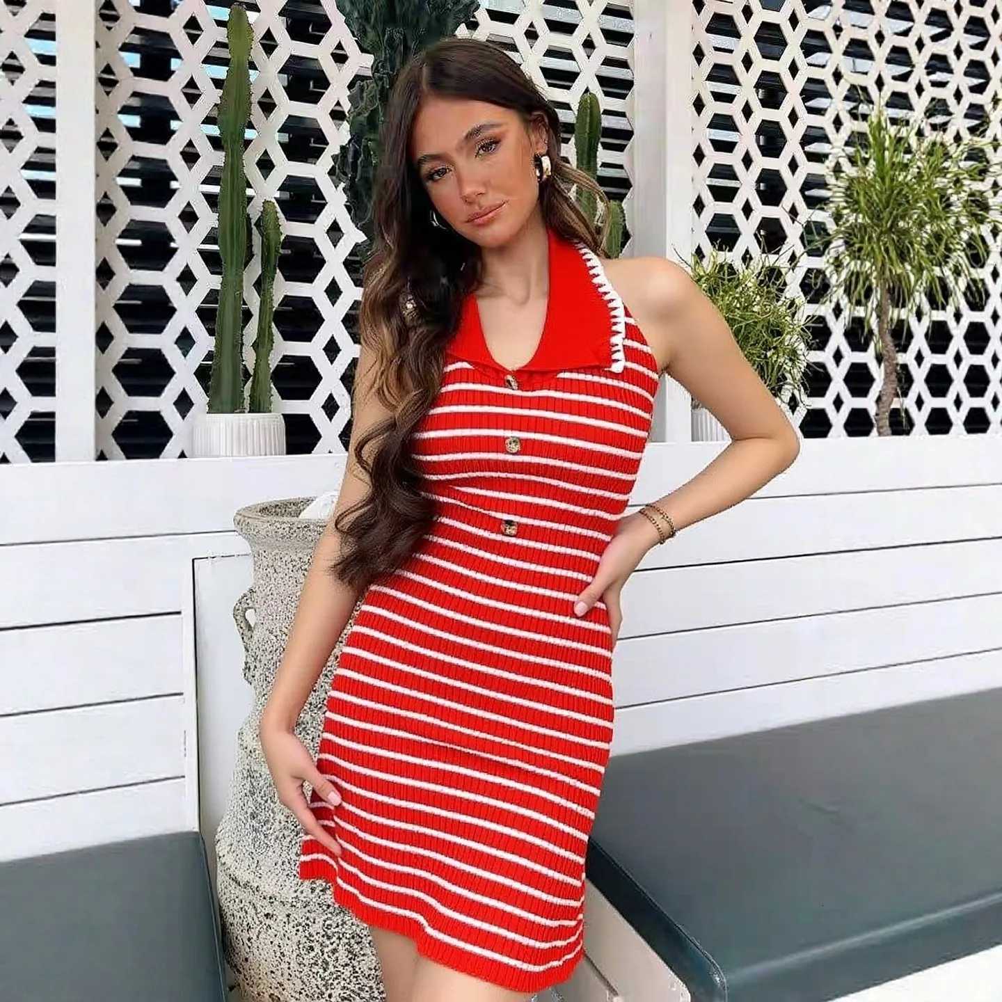 Package YuooMuoo Sexy Chic Hips Fashion Knitted Mini Dress 2026 New Summer Y2K Halter Sleeveless Slimming Party Dress Streetwear H260707