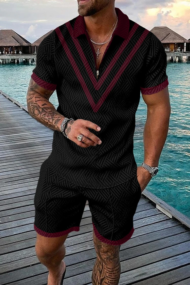 Summer Mens Tracksuit Short Sleeve Polo Shirt Set Fashion Chain Print Clothing 2 Pieces Casual Suit Streetwear Outfit 260707