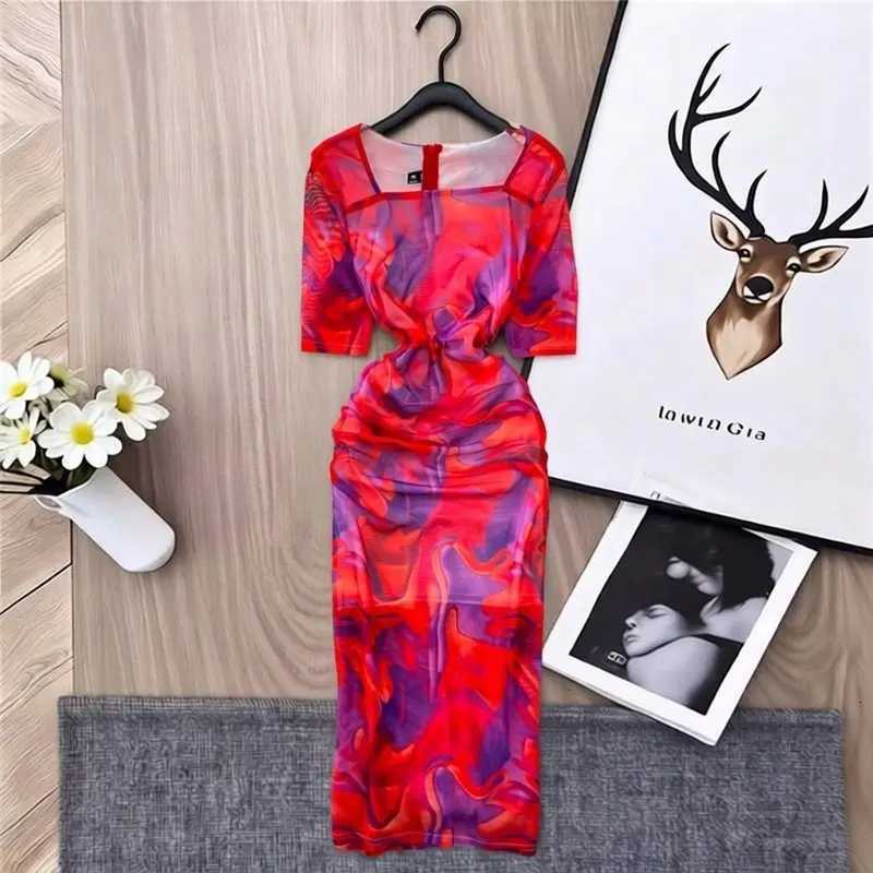 Printed YuooMuoo Ins Hot Mesh Women Party Dress Summer Two Layers Short Sleeve Bodycon Midi Dress Streetwear Lady Outfits Robes H260707