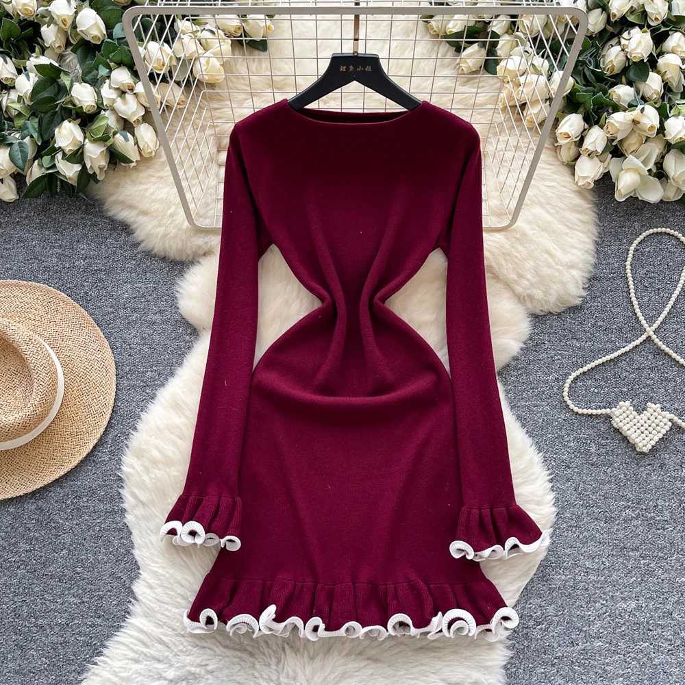 Aesthetic Dress 2025 Autumn YuooMuoo Women Ruffled Knitted Mini Dress Lady Slim Elastic Bodycon Party Dress Streetwear Vestidos H260707