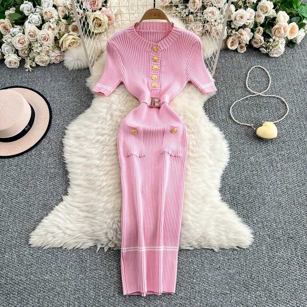 Dress YuooMuoo Brand Fashion 2025 Women Summer Belted Bodycon Long Sweater Dress Elegant Office Lady Pencil Dress Party Vestidos H260707